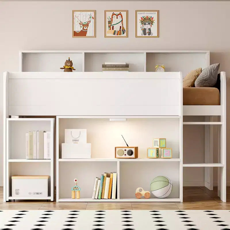 Full Size Wood Elegant Loft bed with Multiple Storage Shelves, Desk