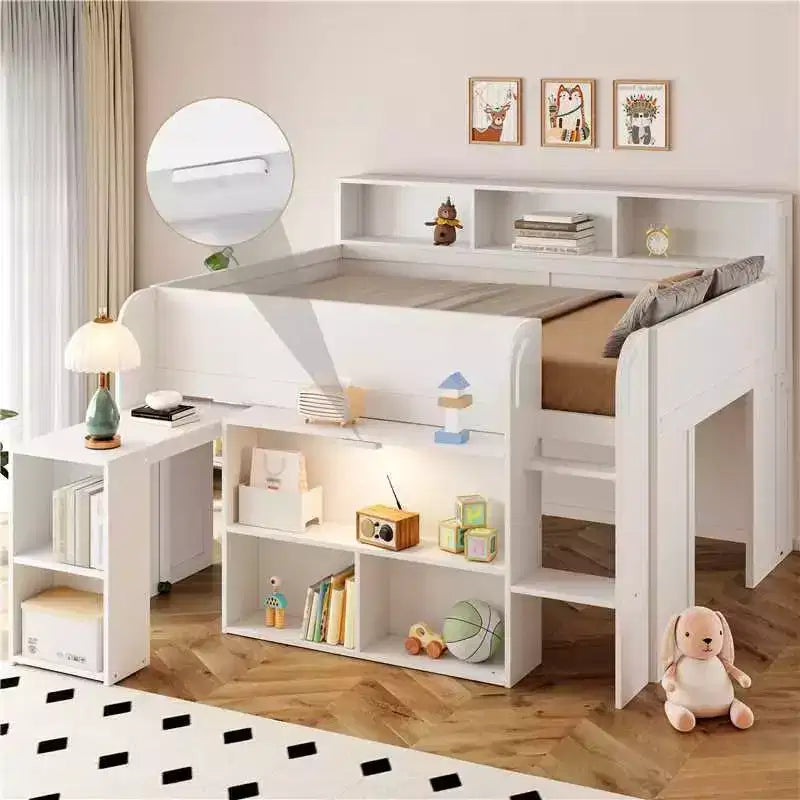 Full Size Wood Elegant Loft bed with Multiple Storage Shelves, Desk