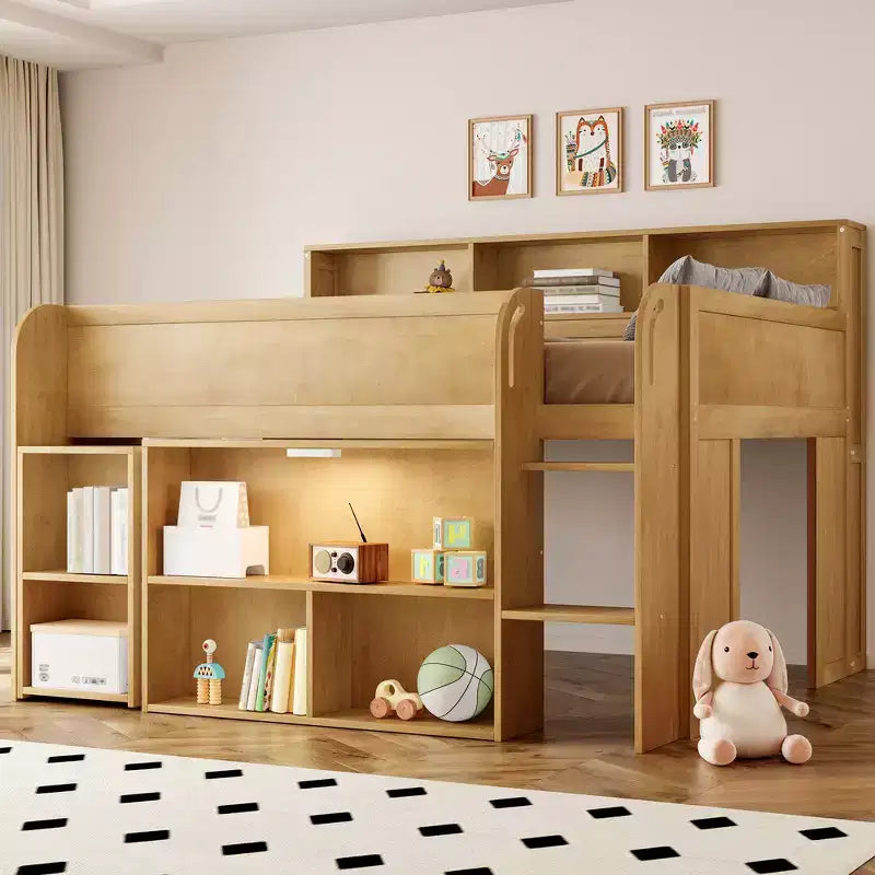 Full Size Wood Elegant Loft bed with Multiple Storage Shelves, Desk