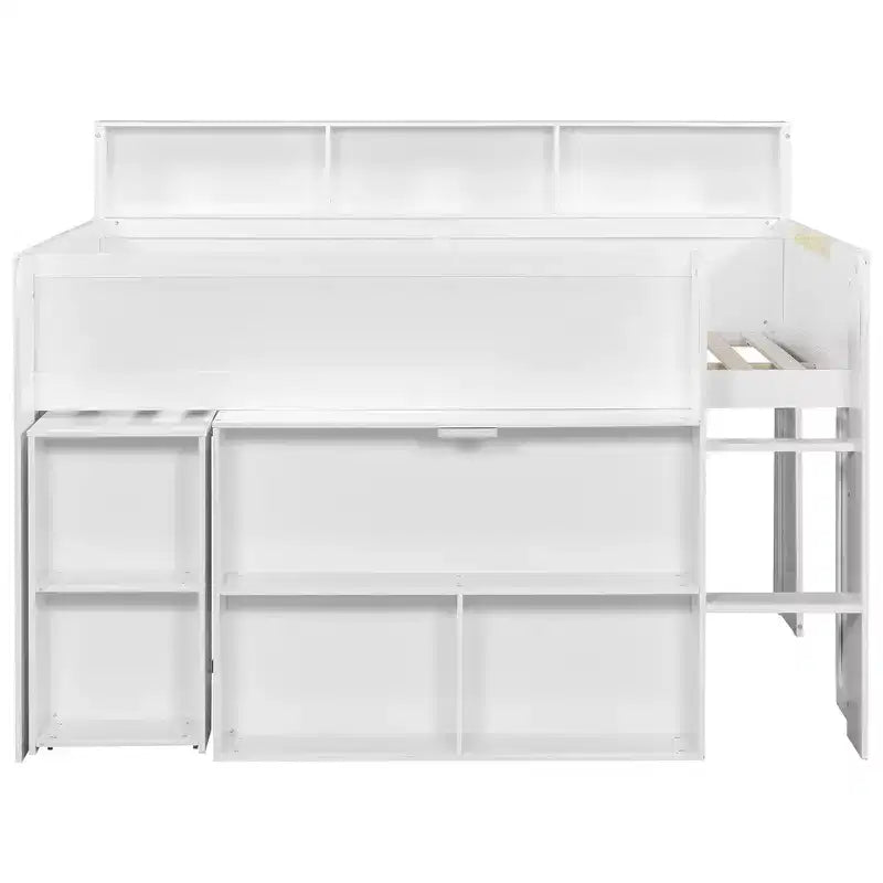 Full Size Wood Elegant Loft bed with Multiple Storage Shelves, Desk
