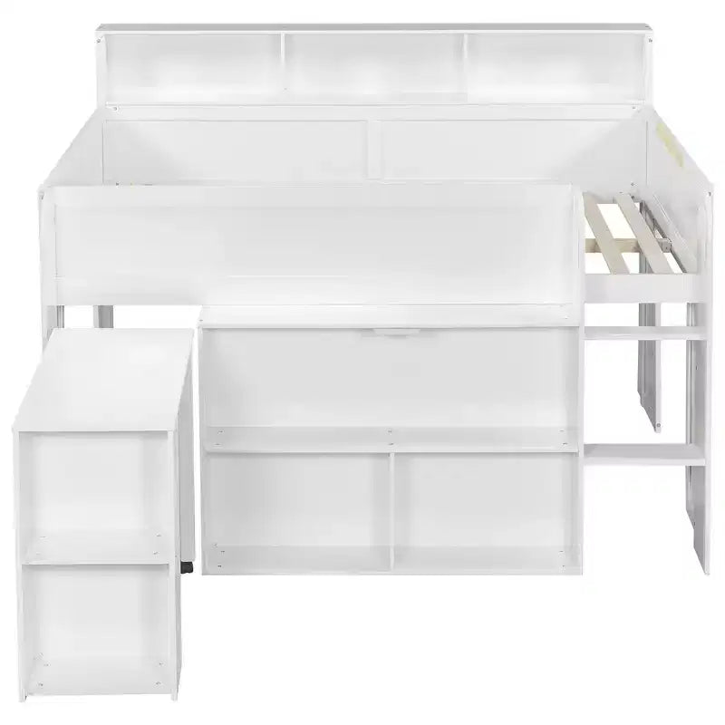 Full Size Wood Elegant Loft bed with Multiple Storage Shelves, Desk
