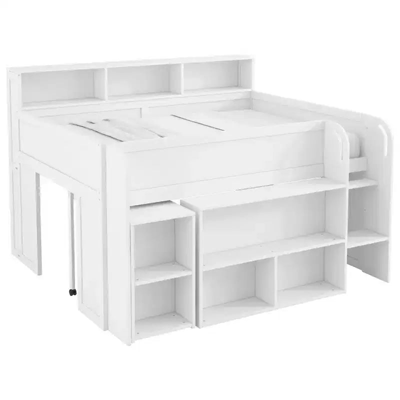 Full Size Wood Elegant Loft bed with Multiple Storage Shelves, Desk