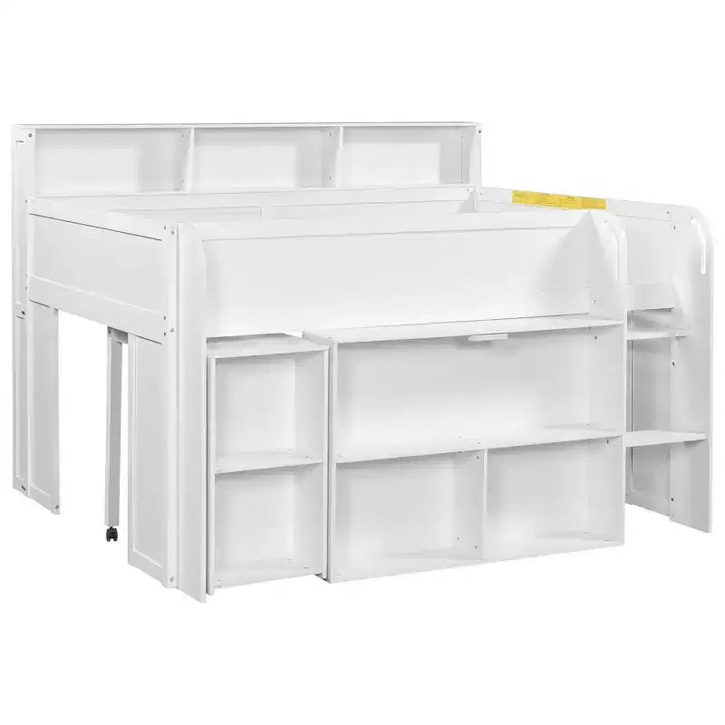 Full Size Wood Elegant Loft bed with Multiple Storage Shelves, Desk