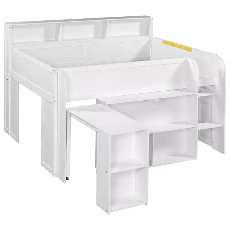 Full Size Wood Elegant Loft bed with Multiple Storage Shelves, Desk
