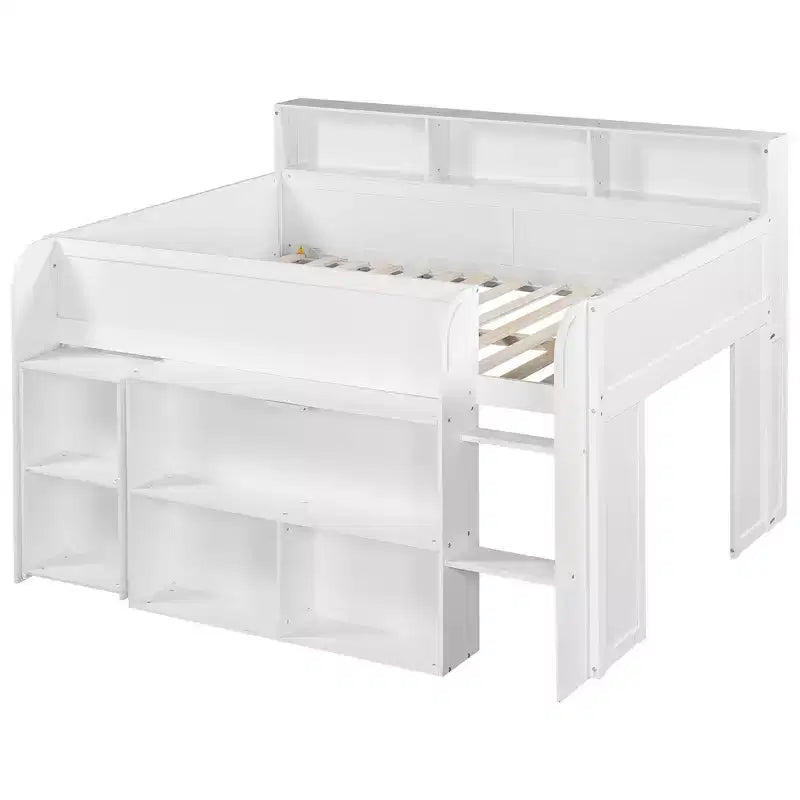 Full Size Wood Elegant Loft bed with Multiple Storage Shelves, Desk