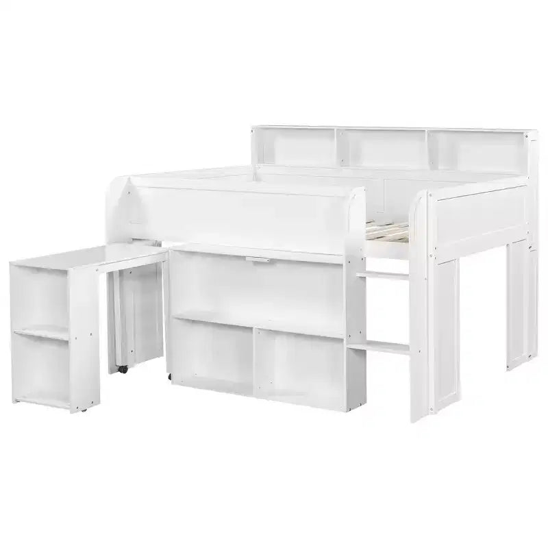 Full Size Wood Elegant Loft bed with Multiple Storage Shelves, Desk