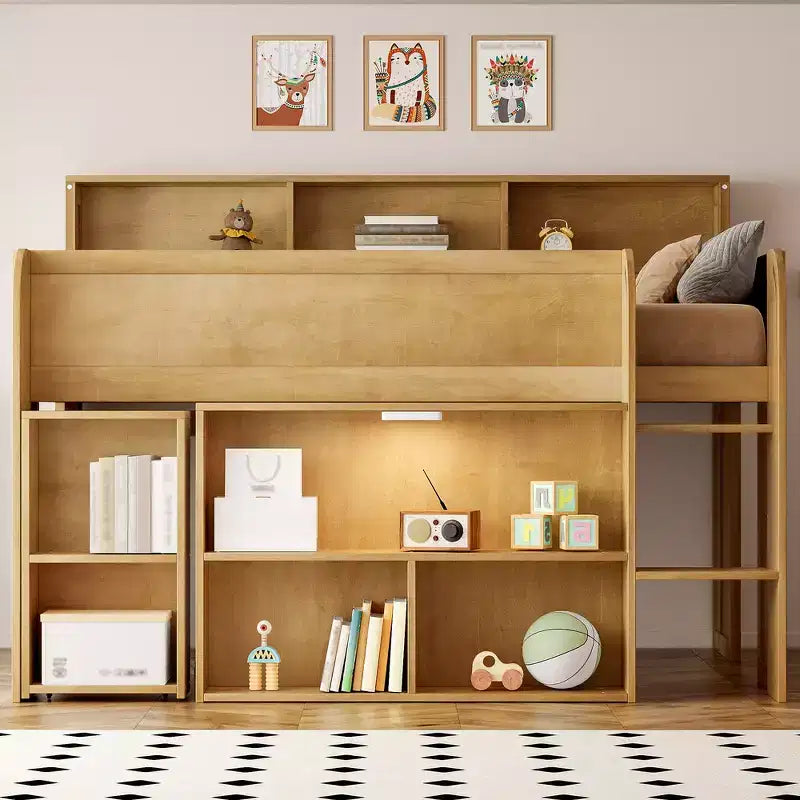 Full Size Wood Elegant Loft bed with Multiple Storage Shelves, Desk