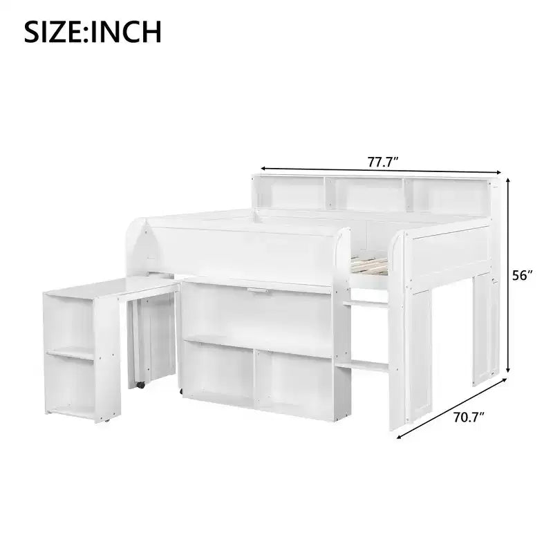 Full Size Wood Elegant Loft bed with Multiple Storage Shelves, Desk