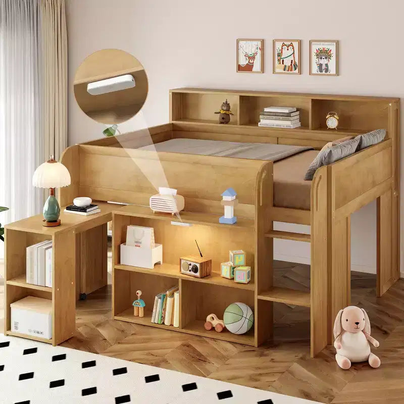 Full Size Wood Elegant Loft bed with Multiple Storage Shelves, Desk