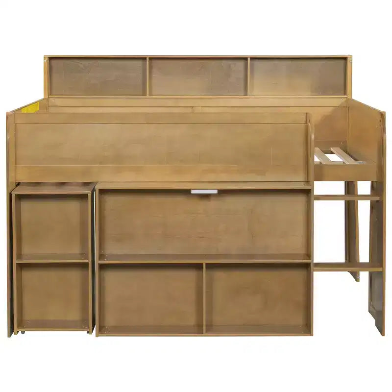Full Size Wood Elegant Loft bed with Multiple Storage Shelves, Desk