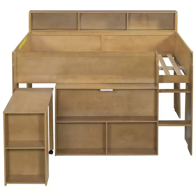 Full Size Wood Elegant Loft bed with Multiple Storage Shelves, Desk