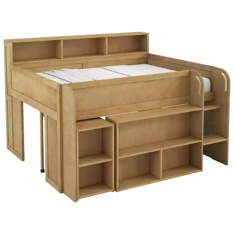 Full Size Wood Elegant Loft bed with Multiple Storage Shelves, Desk