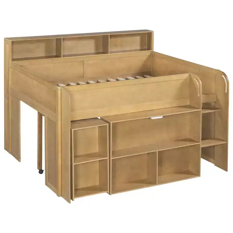 Full Size Wood Elegant Loft bed with Multiple Storage Shelves, Desk
