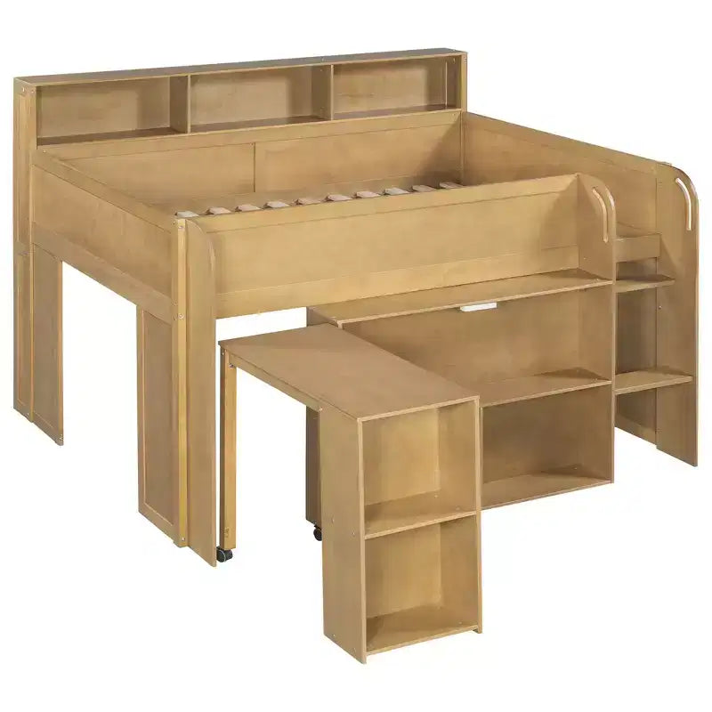 Full Size Wood Elegant Loft bed with Multiple Storage Shelves, Desk