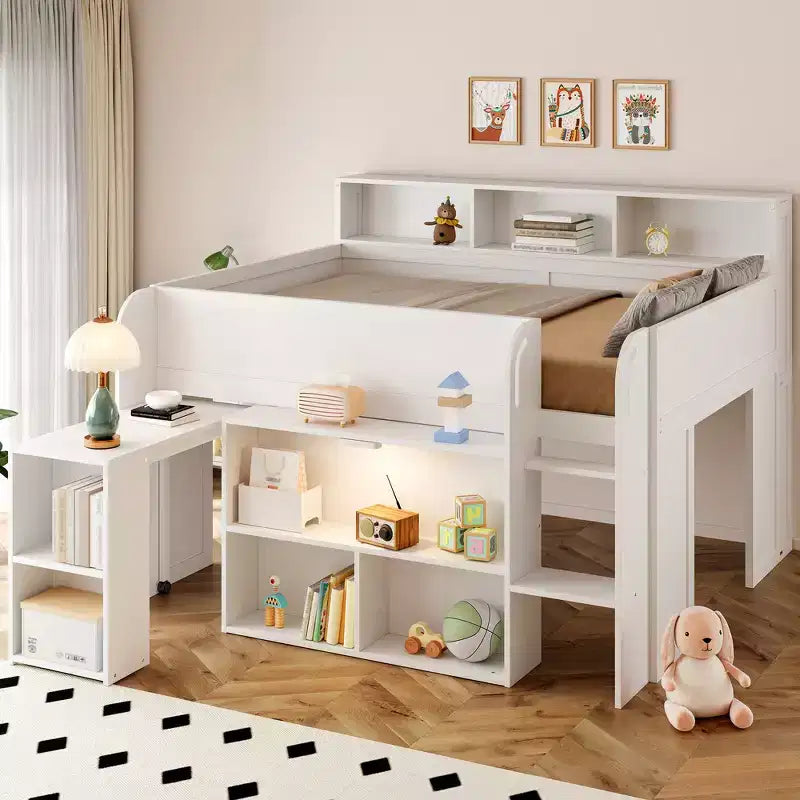 Full Size Wood Elegant Loft bed with Multiple Storage Shelves, Desk