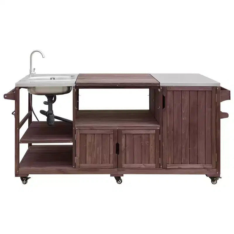 75.4 Outdoor Kitchen Island, Solid Wood Grill Cart, Rolling Outdoor Bar Cart with Sink, Egg Grills, Stainless Steel Top
