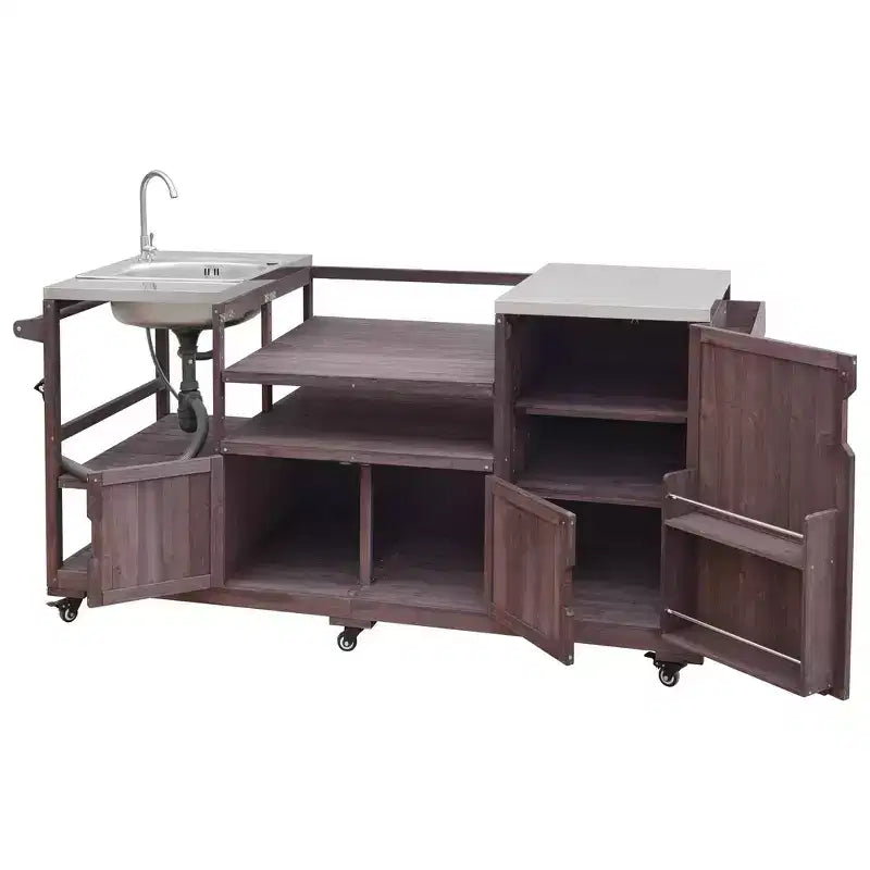 75.4 Outdoor Kitchen Island, Solid Wood Grill Cart, Rolling Outdoor Bar Cart with Sink, Egg Grills, Stainless Steel Top