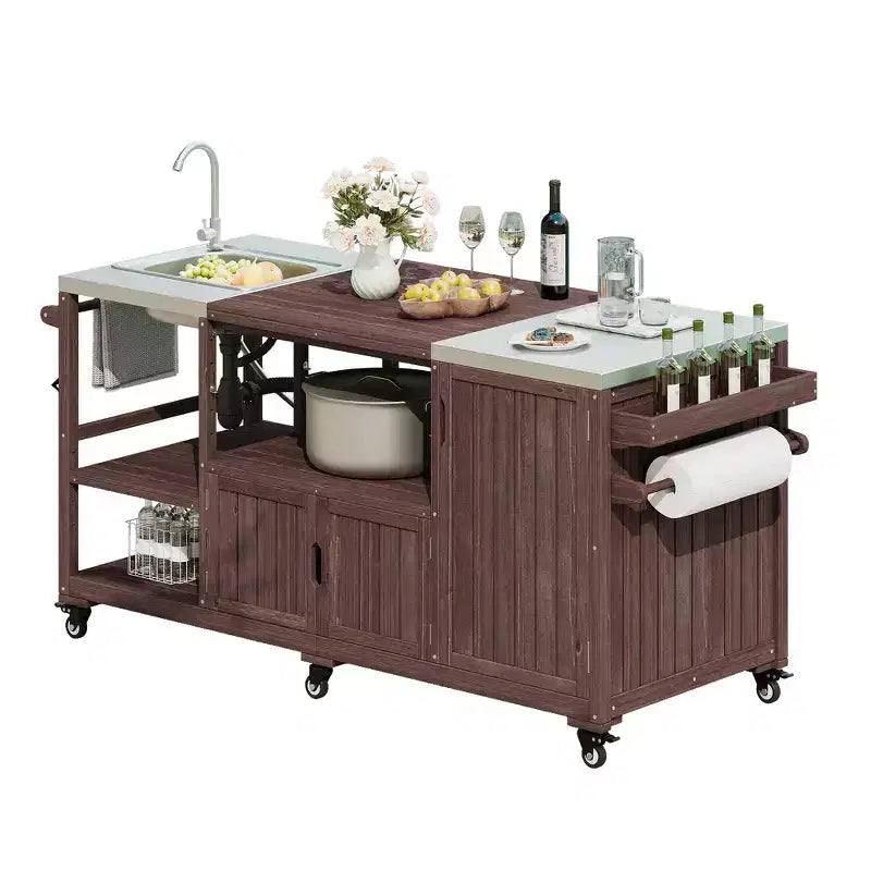75.4 Outdoor Kitchen Island, Solid Wood Grill Cart, Rolling Outdoor Bar Cart with Sink, Egg Grills, Stainless Steel Top