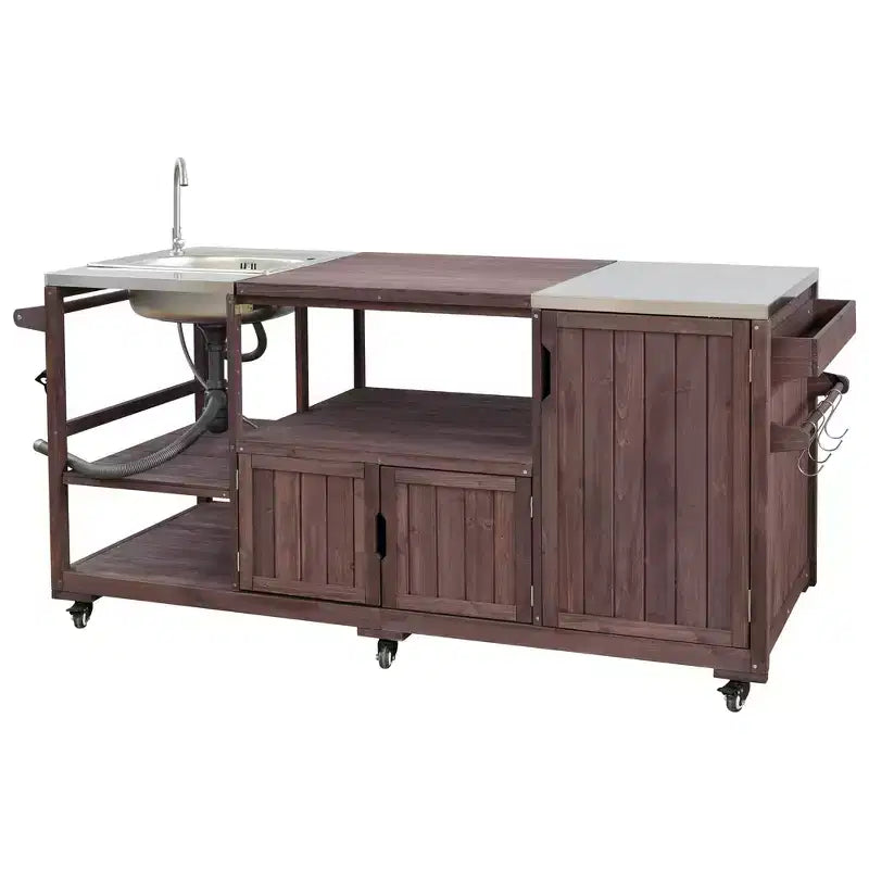75.4 Outdoor Kitchen Island, Solid Wood Grill Cart, Rolling Outdoor Bar Cart with Sink, Egg Grills, Stainless Steel Top