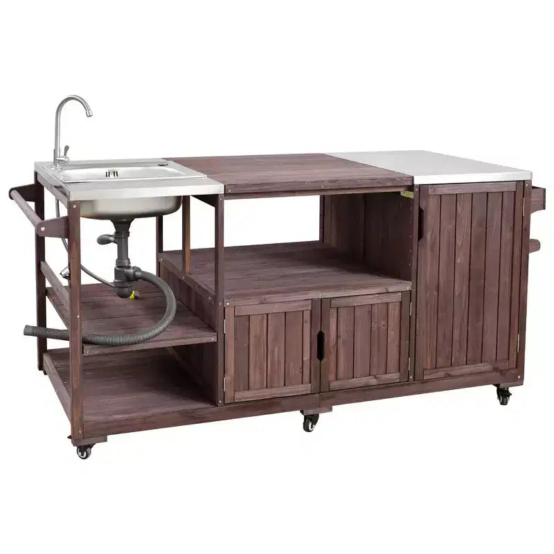 75.4 Outdoor Kitchen Island, Solid Wood Grill Cart, Rolling Outdoor Bar Cart with Sink, Egg Grills, Stainless Steel Top