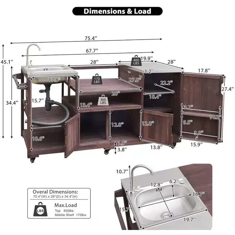 75.4 Outdoor Kitchen Island, Solid Wood Grill Cart, Rolling Outdoor Bar Cart with Sink, Egg Grills, Stainless Steel Top