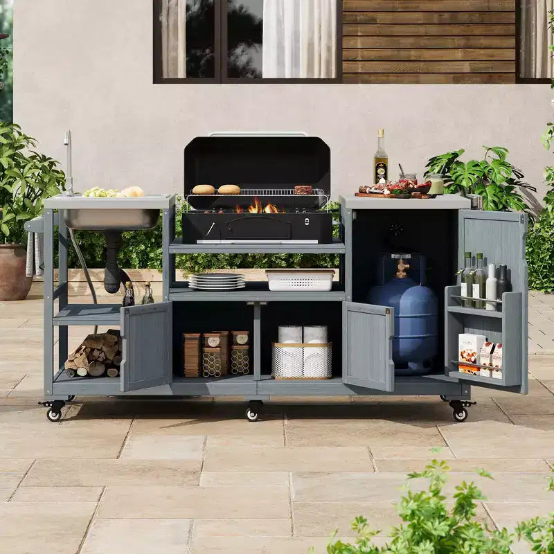 75.4 Outdoor Kitchen Island, Solid Wood Grill Cart, Rolling Outdoor Bar Cart with Sink, Egg Grills, Stainless Steel Top