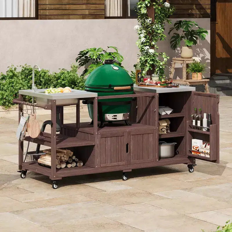75.4 Outdoor Kitchen Island, Solid Wood Grill Cart, Rolling Outdoor Bar Cart with Sink, Egg Grills, Stainless Steel Top