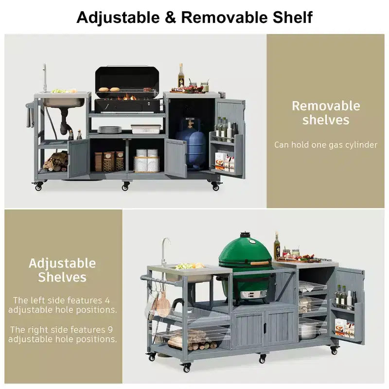 75.4 Outdoor Kitchen Island, Solid Wood Grill Cart, Rolling Outdoor Bar Cart with Sink, Egg Grills, Stainless Steel Top