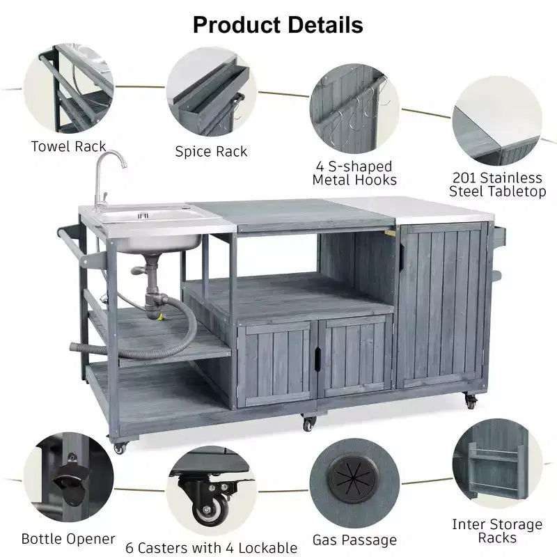 75.4 Outdoor Kitchen Island, Solid Wood Grill Cart, Rolling Outdoor Bar Cart with Sink, Egg Grills, Stainless Steel Top