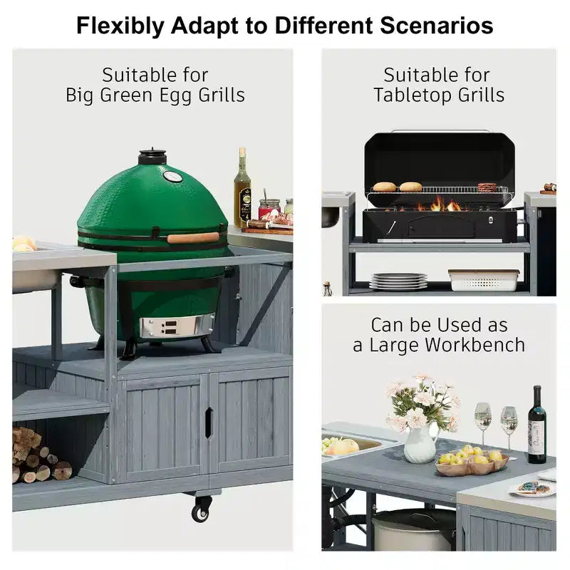 75.4 Outdoor Kitchen Island, Solid Wood Grill Cart, Rolling Outdoor Bar Cart with Sink, Egg Grills, Stainless Steel Top