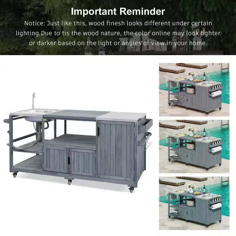 75.4 Outdoor Kitchen Island, Solid Wood Grill Cart, Rolling Outdoor Bar Cart with Sink, Egg Grills, Stainless Steel Top
