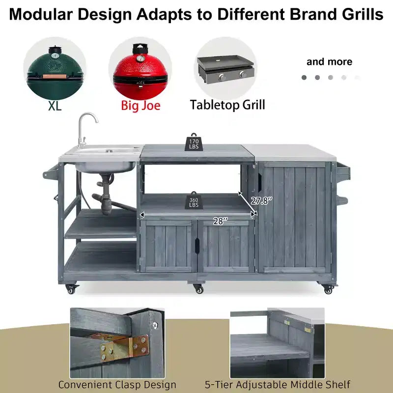 75.4 Outdoor Kitchen Island, Solid Wood Grill Cart, Rolling Outdoor Bar Cart with Sink, Egg Grills, Stainless Steel Top