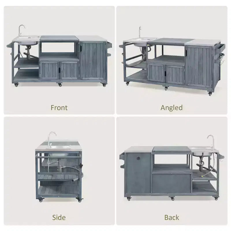 75.4 Outdoor Kitchen Island, Solid Wood Grill Cart, Rolling Outdoor Bar Cart with Sink, Egg Grills, Stainless Steel Top
