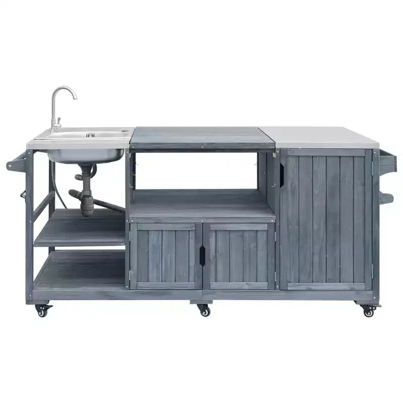 75.4 Outdoor Kitchen Island, Solid Wood Grill Cart, Rolling Outdoor Bar Cart with Sink, Egg Grills, Stainless Steel Top