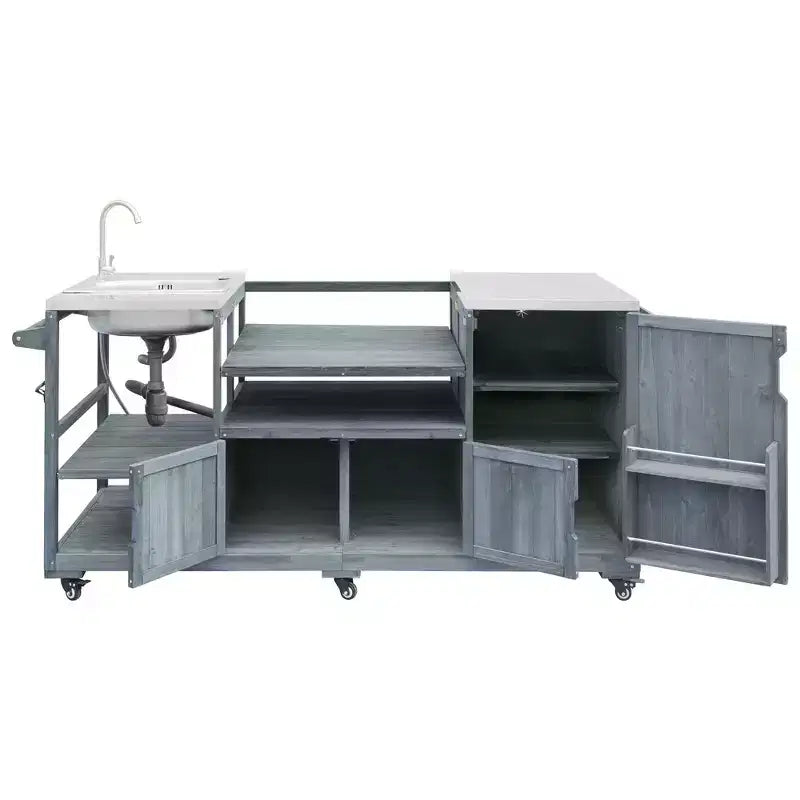 75.4 Outdoor Kitchen Island, Solid Wood Grill Cart, Rolling Outdoor Bar Cart with Sink, Egg Grills, Stainless Steel Top
