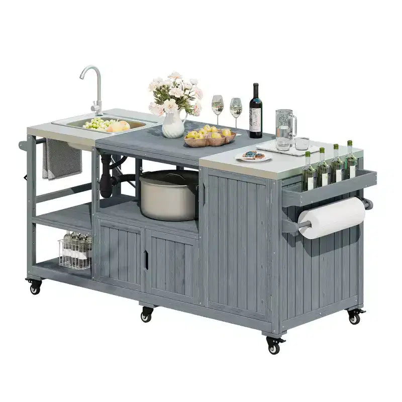 75.4 Outdoor Kitchen Island, Solid Wood Grill Cart, Rolling Outdoor Bar Cart with Sink, Egg Grills, Stainless Steel Top