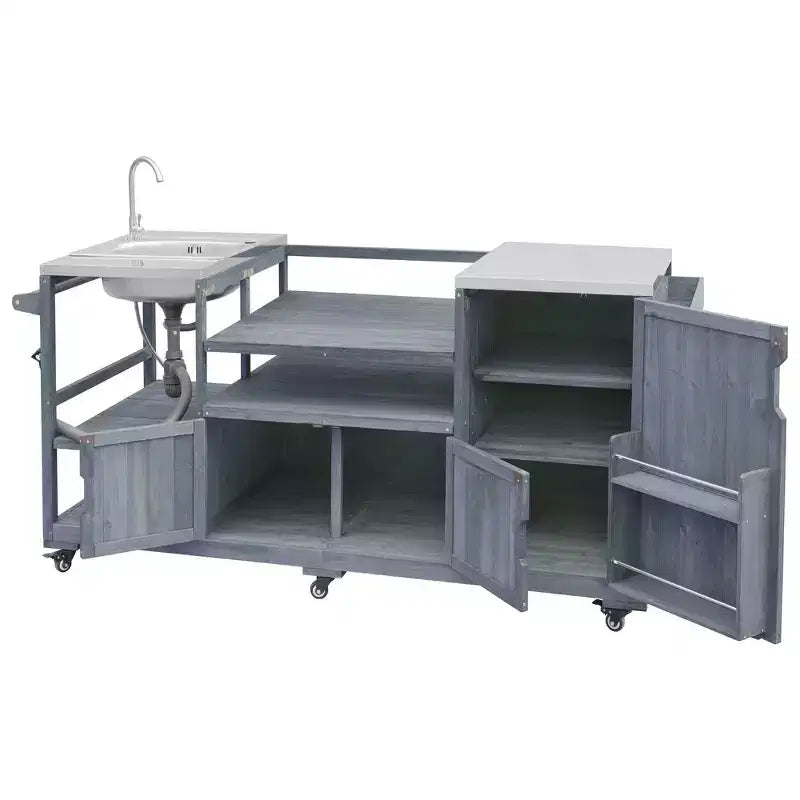75.4 Outdoor Kitchen Island, Solid Wood Grill Cart, Rolling Outdoor Bar Cart with Sink, Egg Grills, Stainless Steel Top