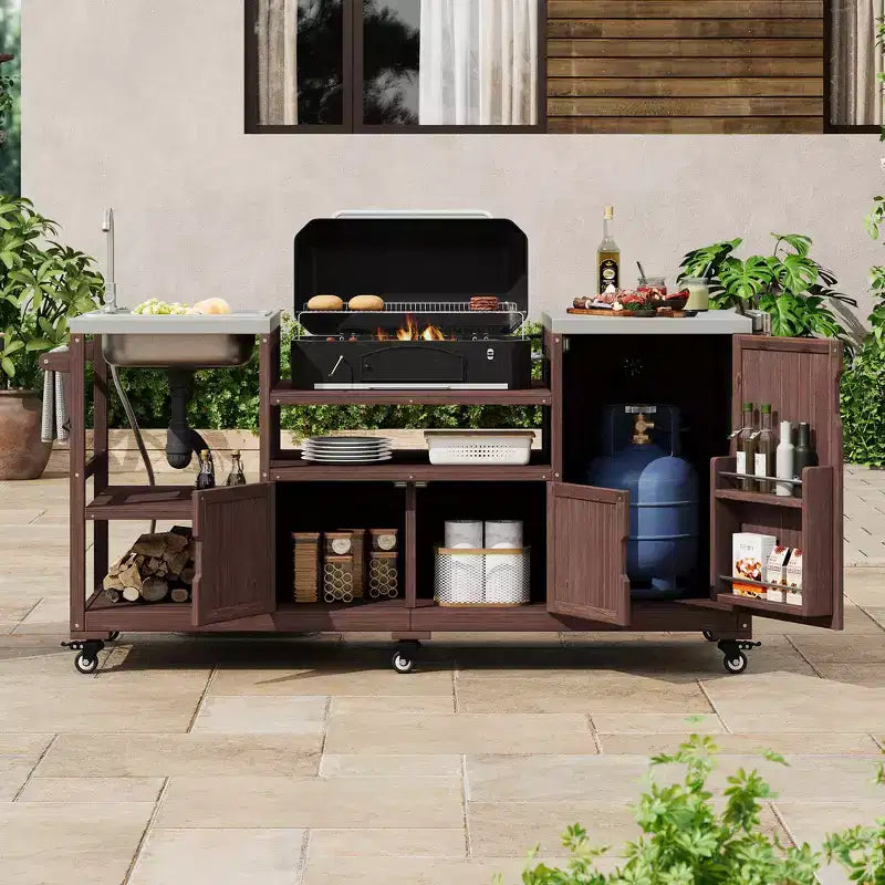 75.4 Outdoor Kitchen Island, Solid Wood Grill Cart, Rolling Outdoor Bar Cart with Sink, Egg Grills, Stainless Steel Top