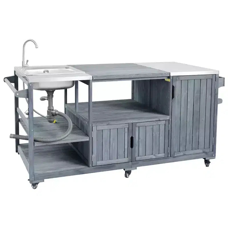 75.4 Outdoor Kitchen Island, Solid Wood Grill Cart, Rolling Outdoor Bar Cart with Sink, Egg Grills, Stainless Steel Top