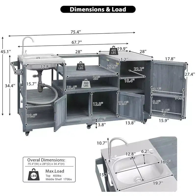 75.4 Outdoor Kitchen Island, Solid Wood Grill Cart, Rolling Outdoor Bar Cart with Sink, Egg Grills, Stainless Steel Top