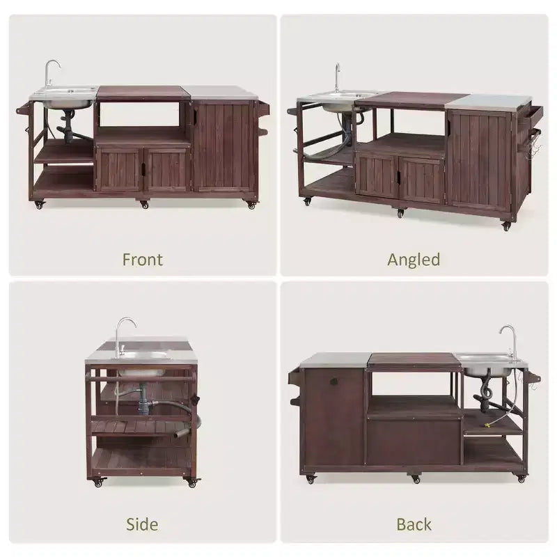 75.4 Outdoor Kitchen Island, Solid Wood Grill Cart, Rolling Outdoor Bar Cart with Sink, Egg Grills, Stainless Steel Top