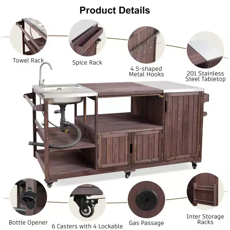 75.4 Outdoor Kitchen Island, Solid Wood Grill Cart, Rolling Outdoor Bar Cart with Sink, Egg Grills, Stainless Steel Top