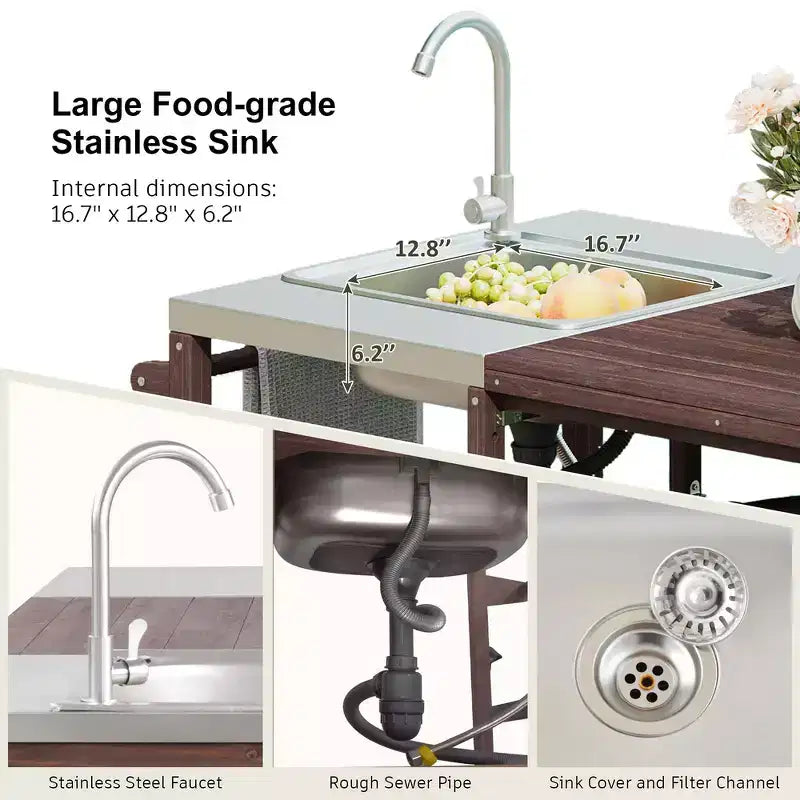 75.4 Outdoor Kitchen Island, Solid Wood Grill Cart, Rolling Outdoor Bar Cart with Sink, Egg Grills, Stainless Steel Top