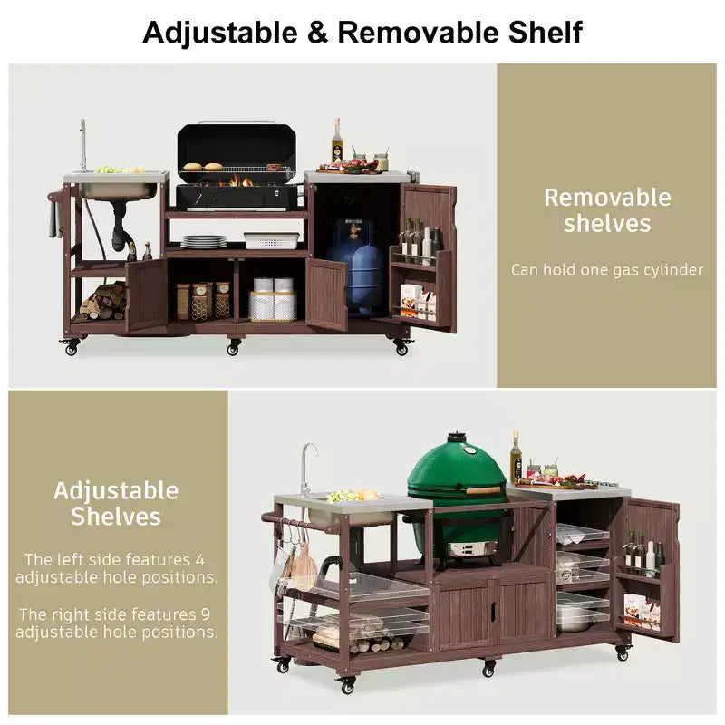 75.4 Outdoor Kitchen Island, Solid Wood Grill Cart, Rolling Outdoor Bar Cart with Sink, Egg Grills, Stainless Steel Top