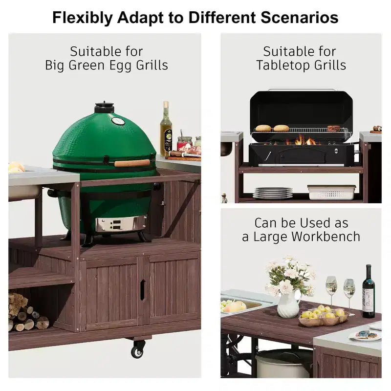 75.4 Outdoor Kitchen Island, Solid Wood Grill Cart, Rolling Outdoor Bar Cart with Sink, Egg Grills, Stainless Steel Top