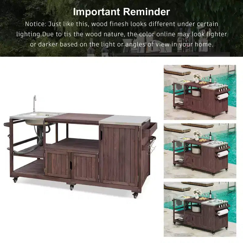 75.4 Outdoor Kitchen Island, Solid Wood Grill Cart, Rolling Outdoor Bar Cart with Sink, Egg Grills, Stainless Steel Top