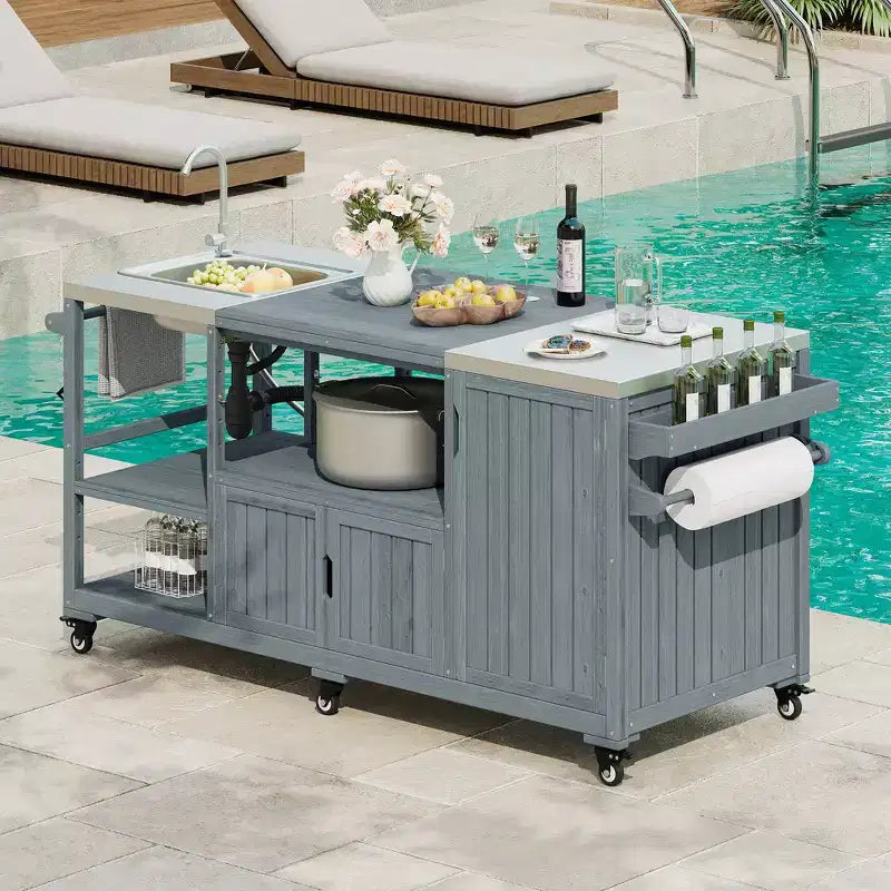 75.4 Outdoor Kitchen Island, Solid Wood Grill Cart, Rolling Outdoor Bar Cart with Sink, Egg Grills, Stainless Steel Top