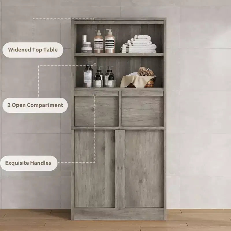 51Tall Bathroom Cabinet, Freestanding Floor Organizer with Doors & 2 Drawers for Bathroom, Living Room, Kitchen & Pantry