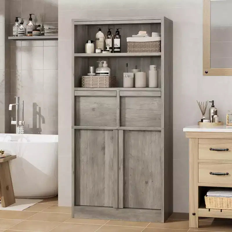 51Tall Bathroom Cabinet, Freestanding Floor Organizer with Doors & 2 Drawers for Bathroom, Living Room, Kitchen & Pantry