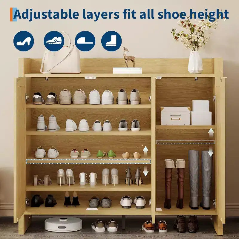 Shoe rack storage cabinet at the entrance, with a door and adjustable, suitable for corridors and living rooms, made of light oak material